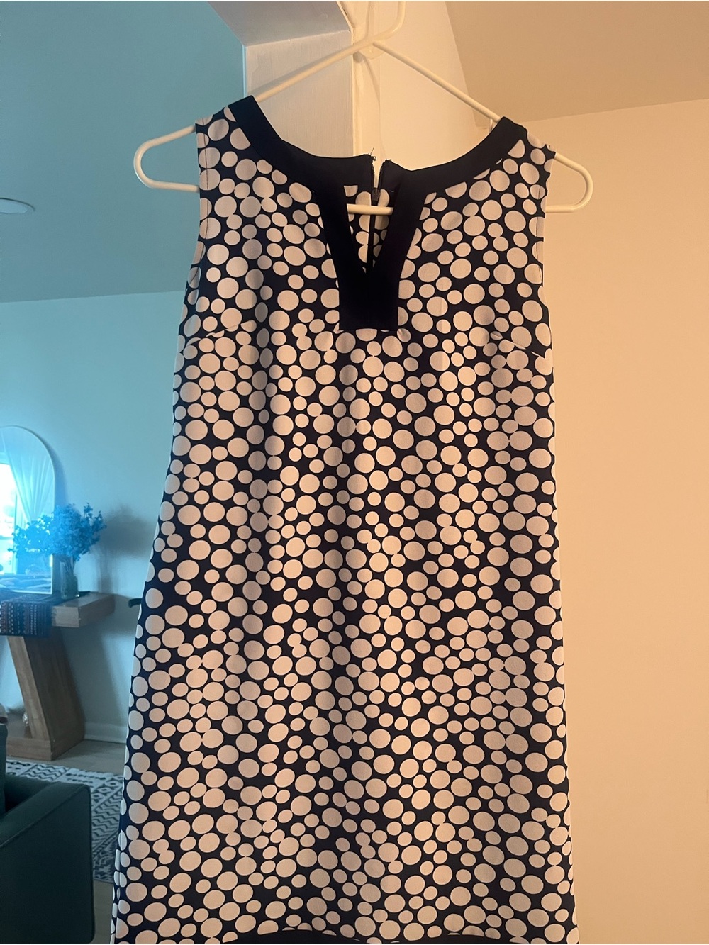 Navy and White Polka Dot Sleeveless Shift Dress